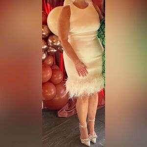 Eliza J White Dress w/ feathers and bow on back (perfect for bridal festivities)
